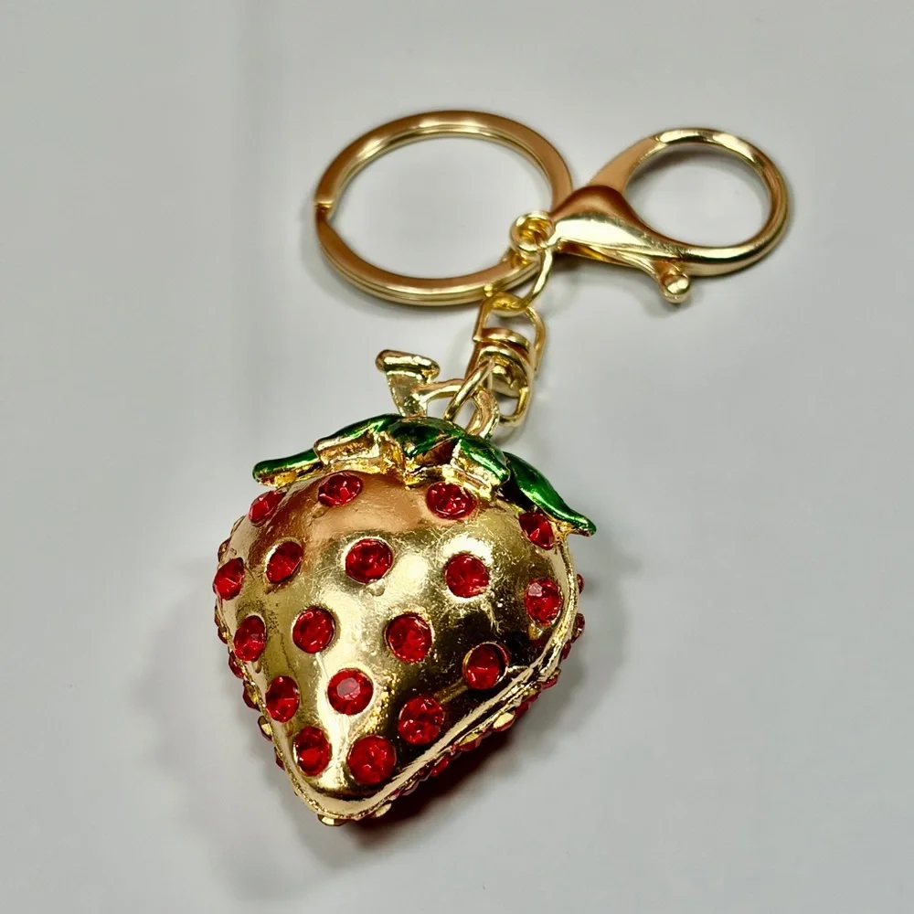 Chunky Rhinestone Strawberry Keychain - Red & Green Gold Hardware
